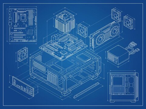 Isometric Computer Hardware Components Blueprint Schematic.