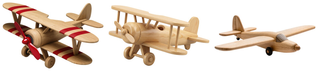 Three wooden toy airplanes, one biplane with red stripes, isolated on a white background © Phuong