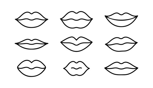 Monoline Lips Outline Vector Set with Various Mouth Shapes. Minimalist Line Art Design for Icons, Logos, and Illustratio