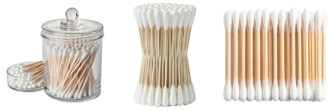 Cotton swabs in a glass jar and arranged in rows, isolated on white background