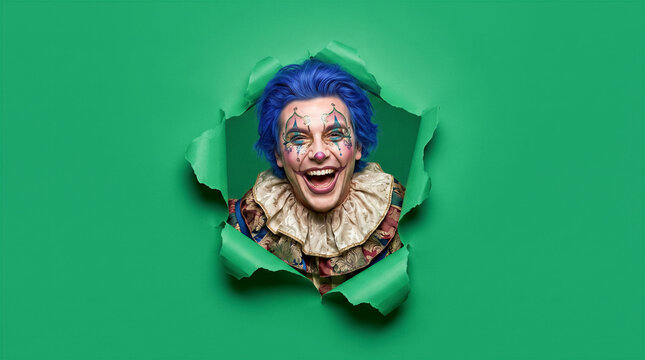 Clown with blue hair peeking through torn green paper. Entertainment, performance, circus, comedy, advertising.