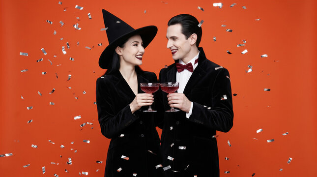 Couple dressed in Halloween costumes toasting with drinks. Confetti falling against orange background. Party, celebration, costume event, entertainment.