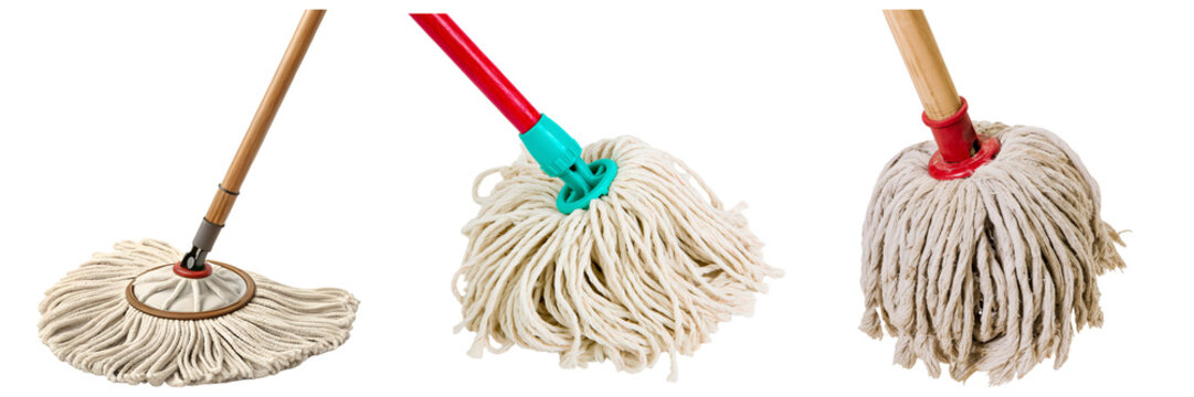 Three different types of mops with cotton strands and wooden or plastic handles, isolated on a white background.