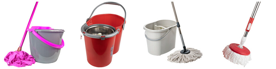 Four different types of mops and buckets for cleaning, isolated on a white background © Phuong