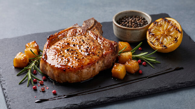 Grilled Bone-in Pork Chop with Roasted Potatoes and Rosemary on Slate Board Restaurant Food