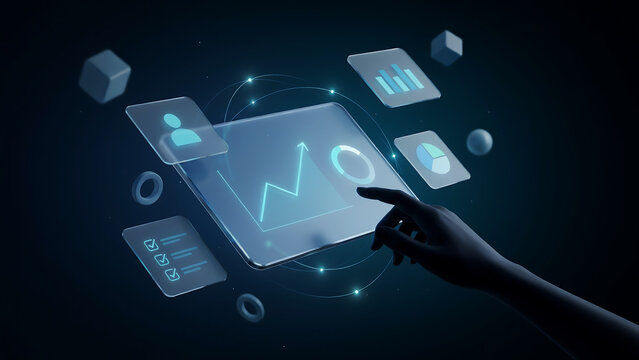 Hand interacting with futuristic digital tablet showing growth chart and analytics interface