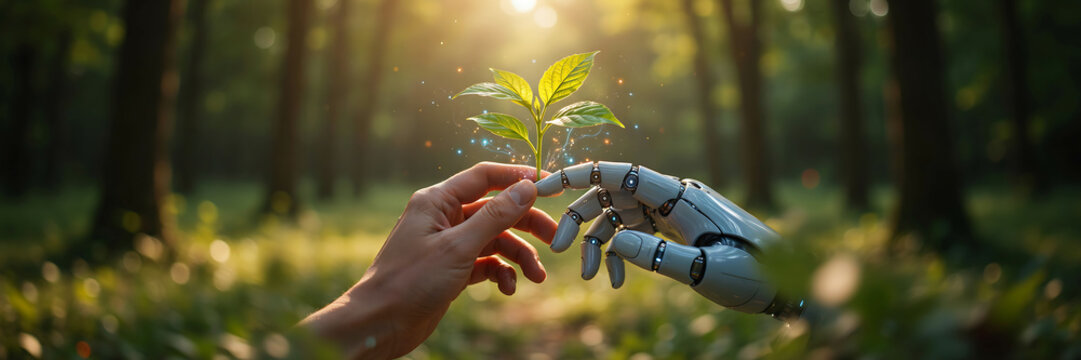 Human hand and robotic hand planting a small green plant in a bright forest