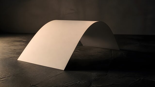Curved sheet of paper standing like an arch on dark textured stone surface with warm side lighting