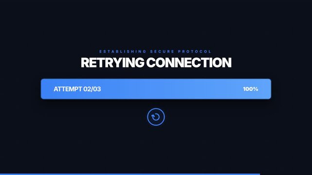 Dynamic connection progress bar animation with 'RETRYING CONNECTION' text and 'ESTABLISHING SECURE PROTOCOL' overlay, symbolizing network issues, digital communication, and system troubleshooting