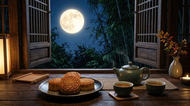 Celebrating the mid autumn festival a serene depiction of mooncakes tea and the radiant full moon symbolizing family reunion and harvest