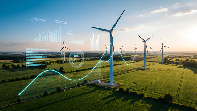 Modern wind turbines generating renewable energy in a green field under clear sky