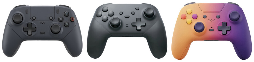 Three video game controllers, one with a gradient color scheme, isolated on a white background. © Phuong