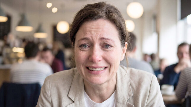 Woman crying and smiling through emotional pain or heartbreak