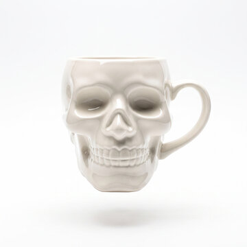 Skull ceramic mug with 3D nose detail, floating on a pure white background.