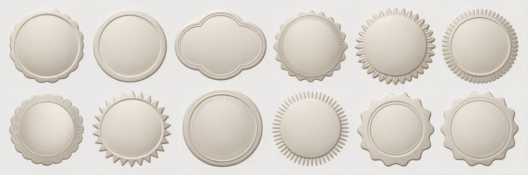 Vintage paper labels, antique rosette seals and classic stickers set. Old circular sign designs with blank space for design and branding. Retro decorative elements on white background.