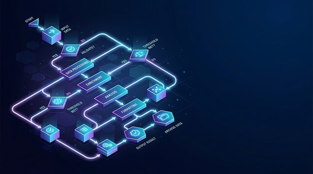 Abstract isometric digital data processing workflow and network connections with glowing neon lines. Futuristic technology business process automation flowchart