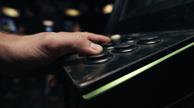 A hand reaches eagerly for the buttons of a retro arcade game in a dimly lit arcade. Bright screens illuminate the excitement of a fun evening among friends.