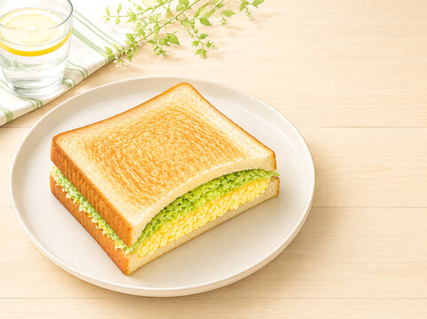 春キャベツと卵をはさんだホットサンドの、明るく爽やかな春の朝食デジタルイラスト