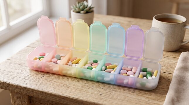 Pastel rainbow pill organizer filled with daily medication on table