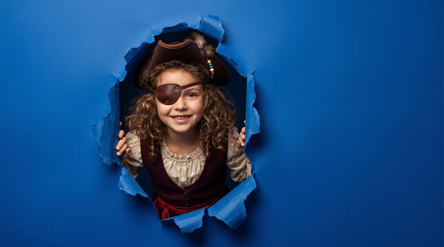 Young girl dressed as pirate peeking through torn blue paper. Childrens play, costume party, imaginative play, education.