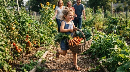 Fototapeta premium A cheerful young girl laughs as she carries a basket filled with colorful vegetables. Her family walks nearby, surrounded by lush greenery and ripe produce under a bright sky.