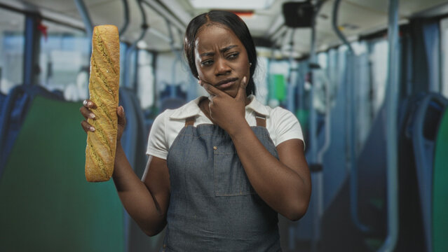 Woman baker in apron holds long baguette in one hand and rests fingers on chin in a pondering gesture aboard a bus on street transit; curious.