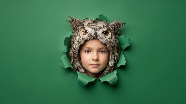 Child wearing owl hat peeking through torn green paper. Education, wildlife, children s book, school, learning.