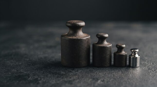 Four distinctive weights rest in a row on a smooth, dark surface. The impressive forms vary in size and material, creating a fascinating visual contrast.
