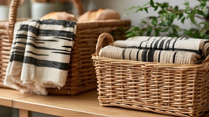 Obraz premium Two woven baskets with striped cloths on a wooden surface one holding bread the other with folded fabric beside greenery