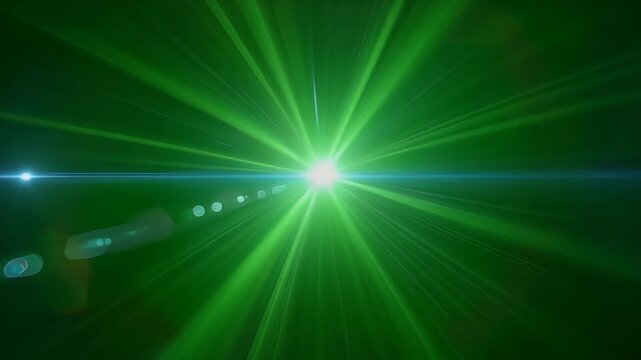 A triptych of vibrant green light flares emanating from a bright central starburst against a dark background, with lens flares creating a dynamic and energetic visual effect.