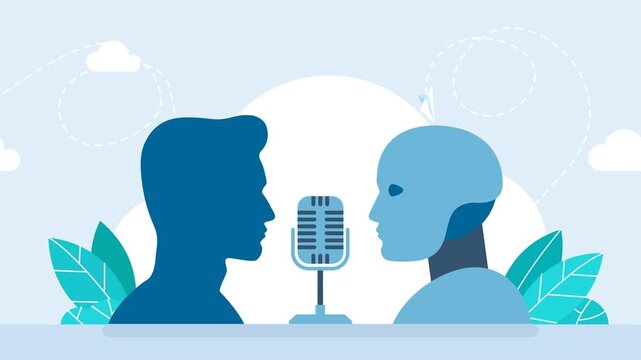 AI technology. Debate. Artificial intelligence technology. Human and robot conducting discussion on public debates. A human and a robot are talking into a microphone. 2d flat animation. Video