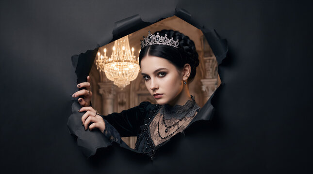 Woman in black gothic gown and tiara peering through torn paper revealing chandeliered ballroom. Fashion, fantasy, royalty, editorial, advertising.