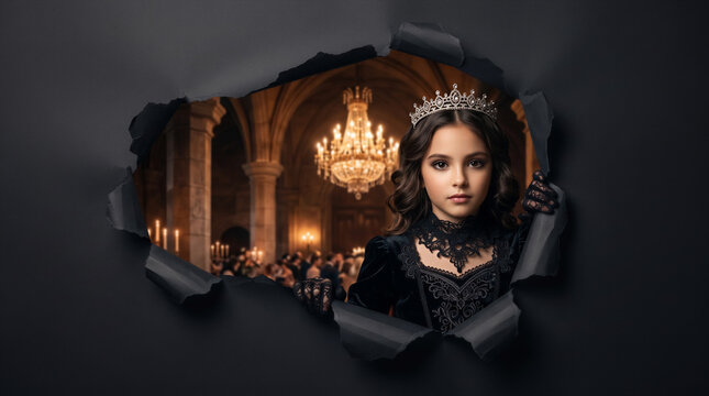 Young girl in black royal gown and tiara peeks through torn paper revealing grand hall with chandelier. Fantasy, royalty, costume, event, advertising.