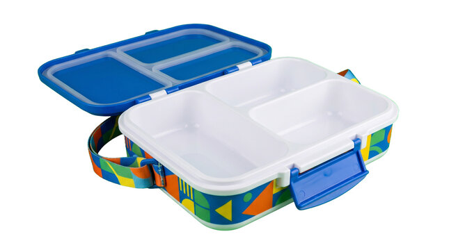 Colorful children reusable bento lunch box with compartments. School meal food container isolated on a clean transparent background