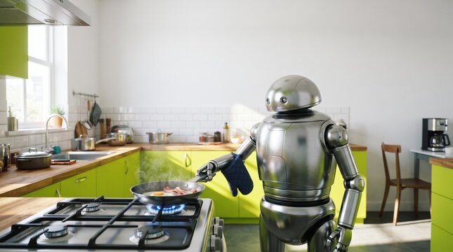 In a bright and airy kitchen, a shiny robot chef expertly flips bacon and eggs on a stove. The space is lively with colorful cabinets and cooking tools scattered around, creating a warm atmosphere.