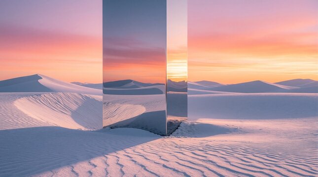 Monolith reflects vibrant sunset over snow desert dunes. Abstract geometric shape stands in white sandy landscape with pastel sky. Futuristic winter scene.