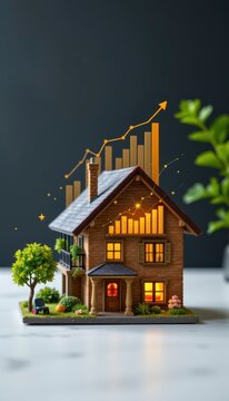 Minimalist wealth presentation showing a close up of a miniature house model with a double exposure of compound interest bar graphs