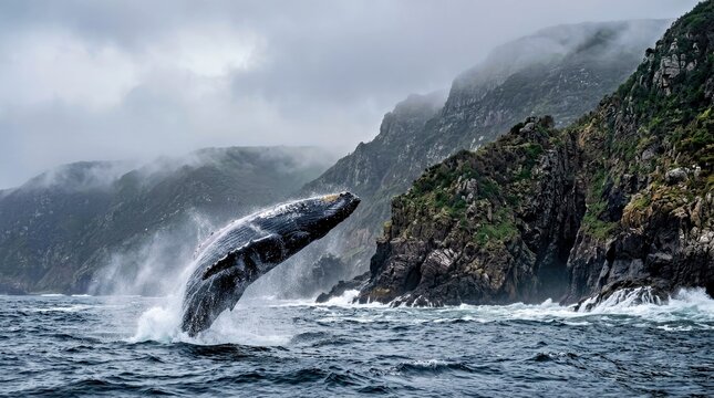 Humpback Whale Breaching Near Rocky Coastline With Misty Background