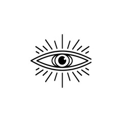 Mystical all seeing eye with light rays linear symbol. Design element for logo label emblem sign. Vector illustration. Perfect for esoteric magic and bohemian tattoo design. © Kotliar Ivan