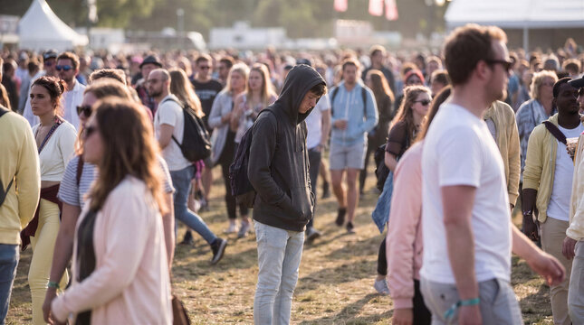 Lonely teenage boy in a dark hoodie standing apart from a crowd, social alienation concept