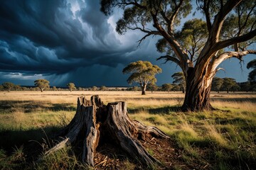 Naklejka premium Dramatic storm clouds approach over rural Australian landscape. Large eucalyptus trees stand in dry grass field under dark sky. Old tree stump sits in foreground near massive trunk. Nature scenery