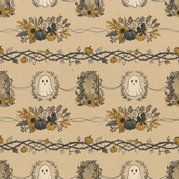 Vintage style seamless pattern with ghosts gravestones autumn flowers and thorny branches for halloween wrapping paper art.