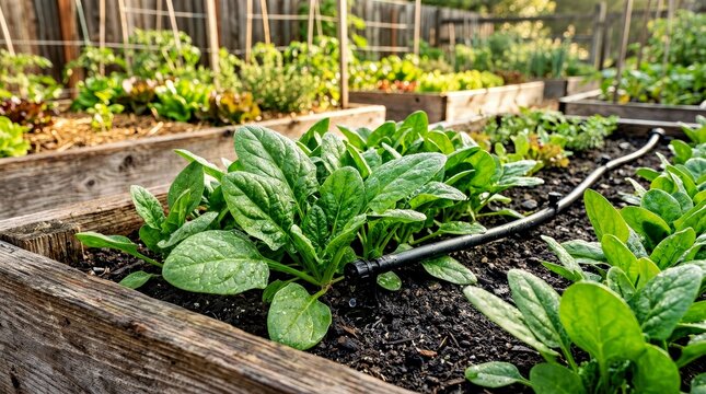 Leafy Greens in Wooden Raised Garden Bed With Drip Irrigation System