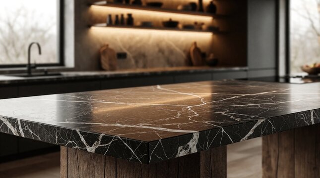 Black marble table top in modern kitchen island, seamlessly combining luxury, durability, contemporary design for indoor kitchen dining areas, ideal for minimalist, upscale, open-concept home settings