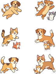 Fototapeta premium Vector cartoon illustration collection of cute playful puppies and kittens jumping and running together isolated on white background
