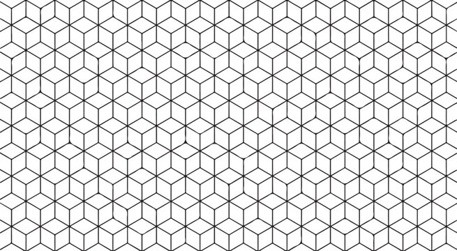 Geometric isometric cube pattern vector, seamless black and white line art background, minimal 3D box grid texture for modern web design