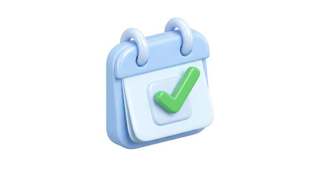 3D calendar icon with green checkmark, light blue planner for schedule management, task completion and deadline reminder
