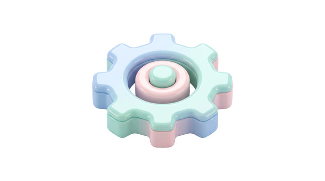 Minimalist 3D gear icon in pastel colors, soft plastic cogwheel for settings UI, modern mechanical gear element on white background
