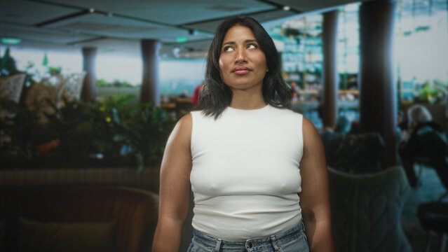 Woman wearing white sleeveless top pouts with pursed lips and looks to the side while standing in an airport lounge seating area; impatience waiting travel.