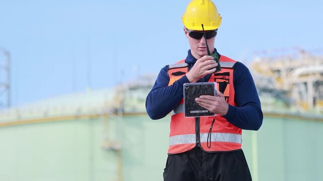 Lng plant engineer communicating via walkie talkie and tablet outdoors, Oil and gas technician in safety vest using radio and digital tablet at industrial terminal